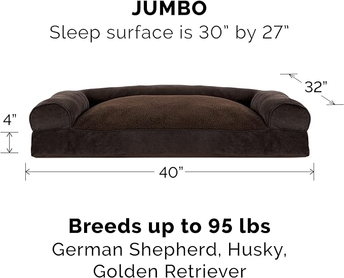 JUMBO XL Pillow Dog Bed for Large Dogs w/ Removable Bolsters & Washable Cover - Sherpa & Chenille Sofa - Coffee Color
